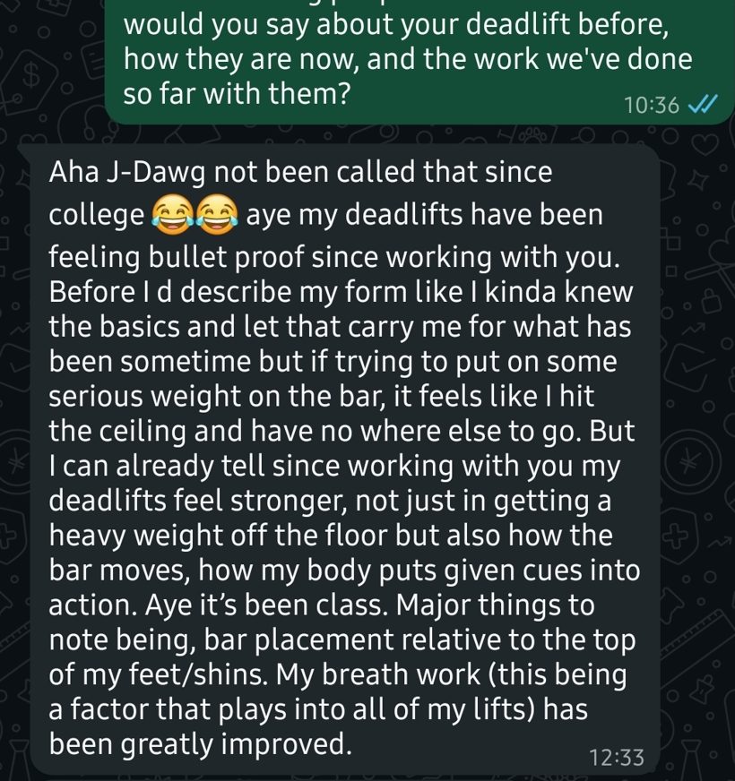 Client message about his deadlift